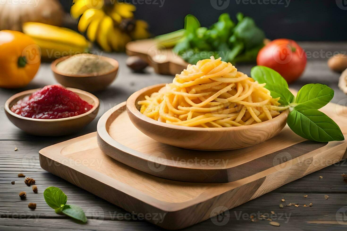 spaghetti with tomato sauce and basil leaves on wooden cutting board. AI-Generated photo