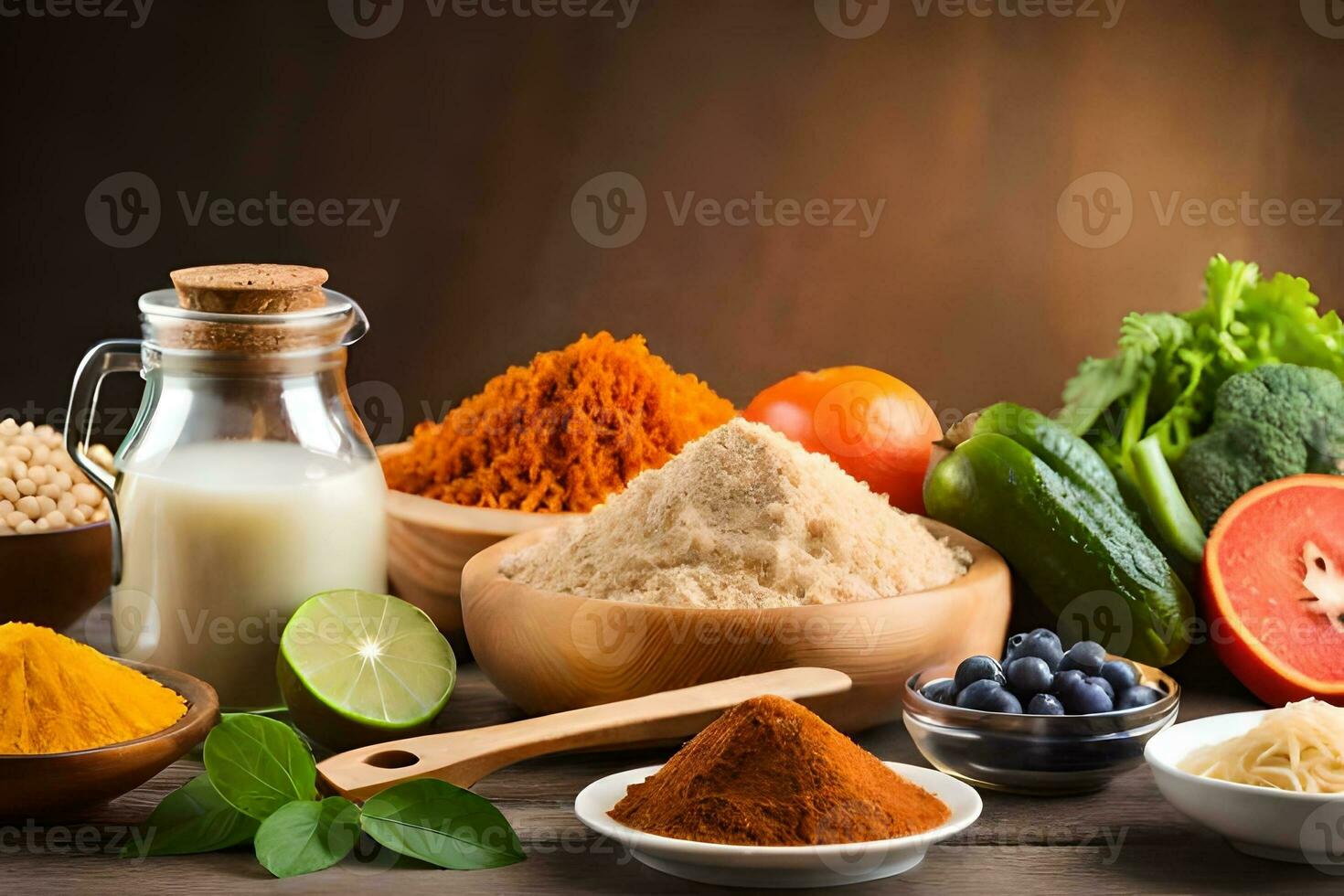 various types of food and spices on a wooden table. AI-Generated photo