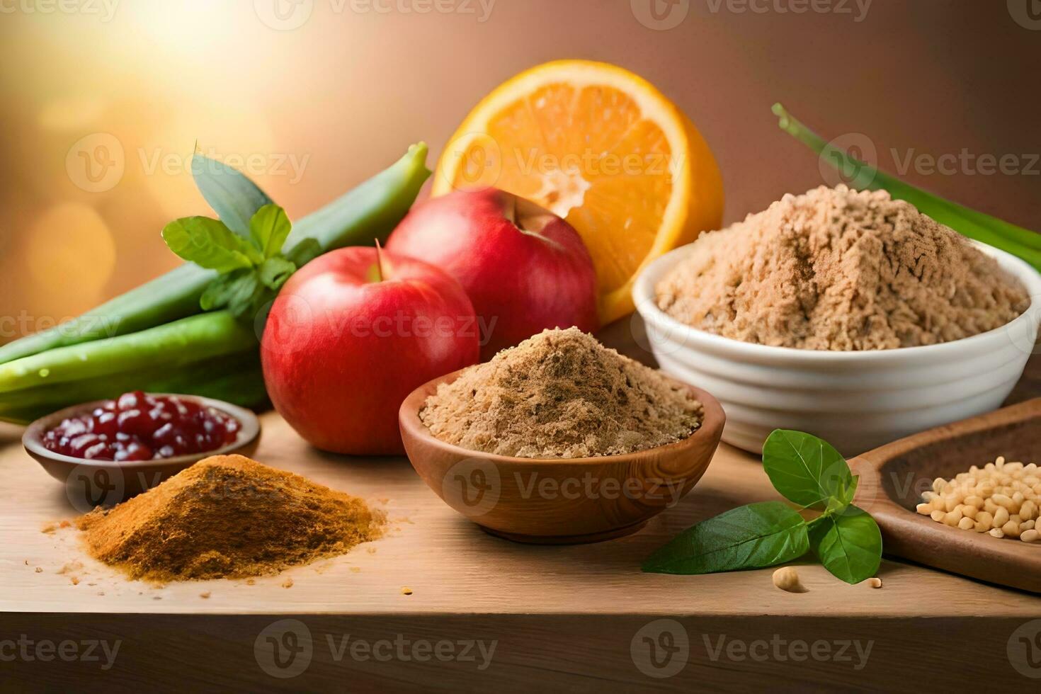 various spices and spices are in bowls and on a table. AI-Generated photo