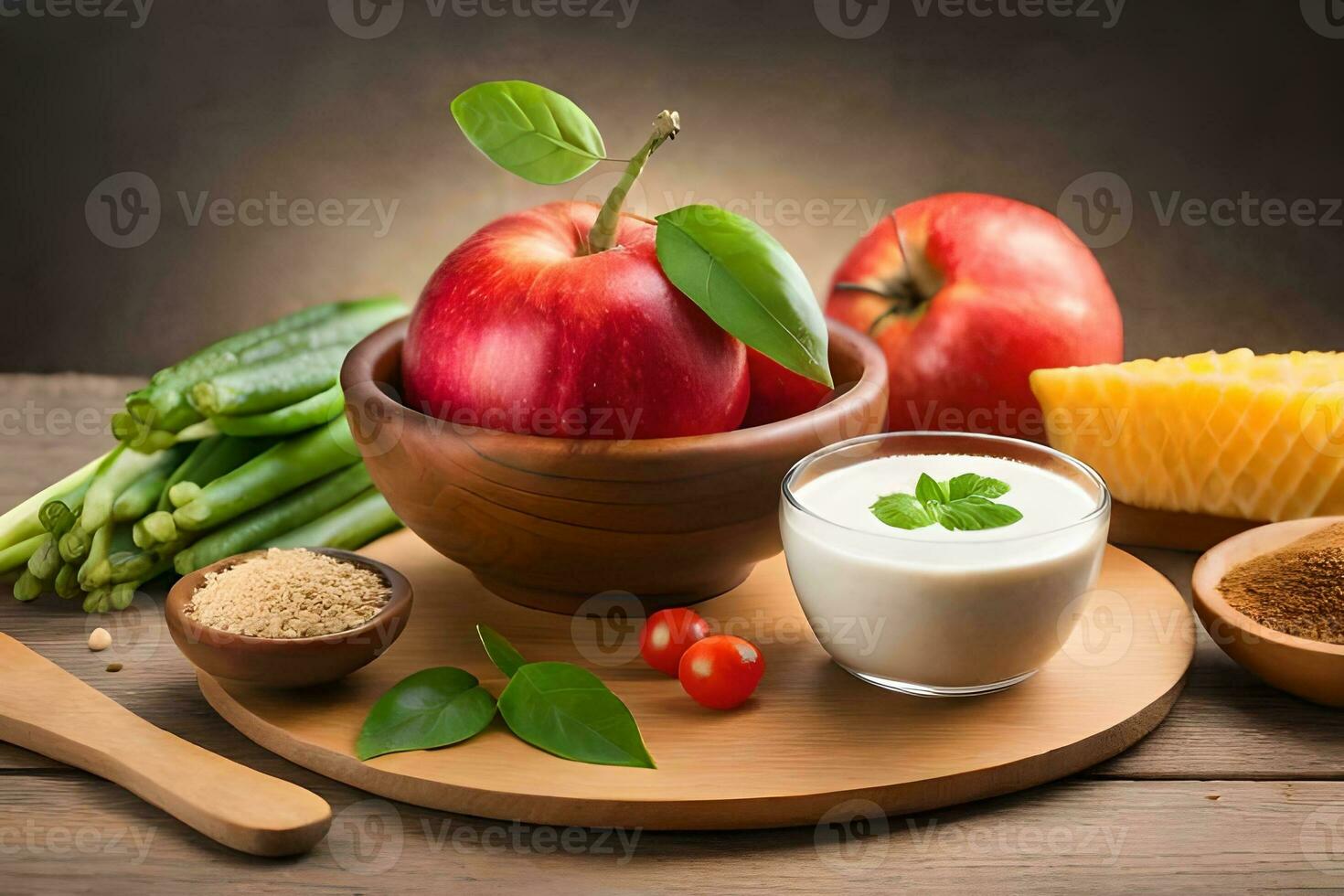 a bowl of yogurt, apples, cheese, and other foods. AI-Generated photo