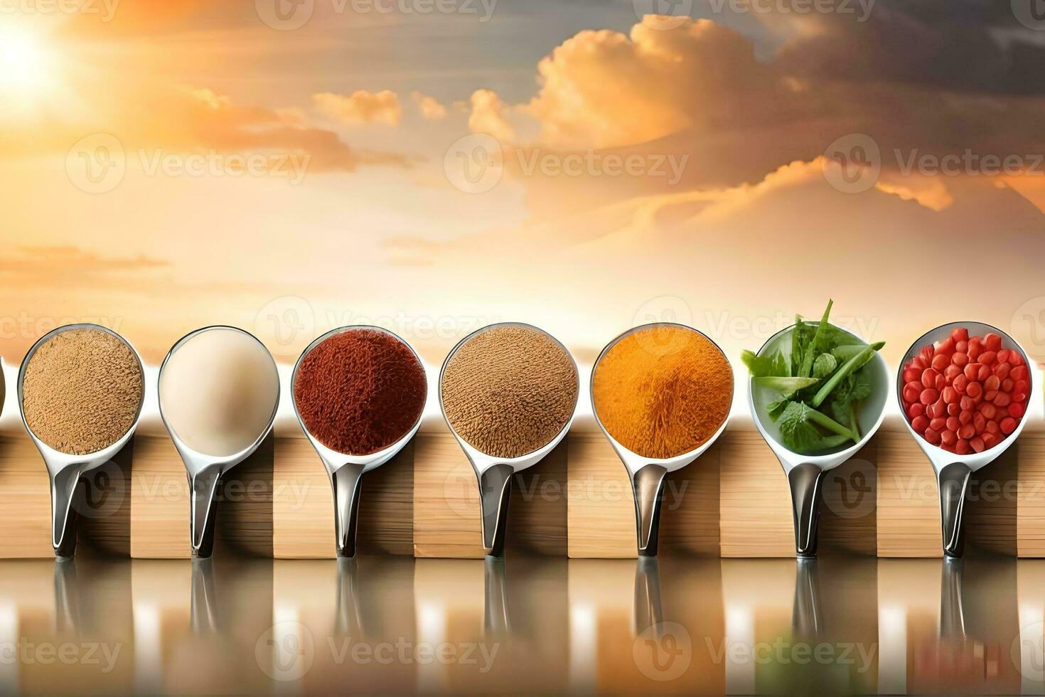 spoons with different spices and herbs on a wooden table. AI-Generated photo