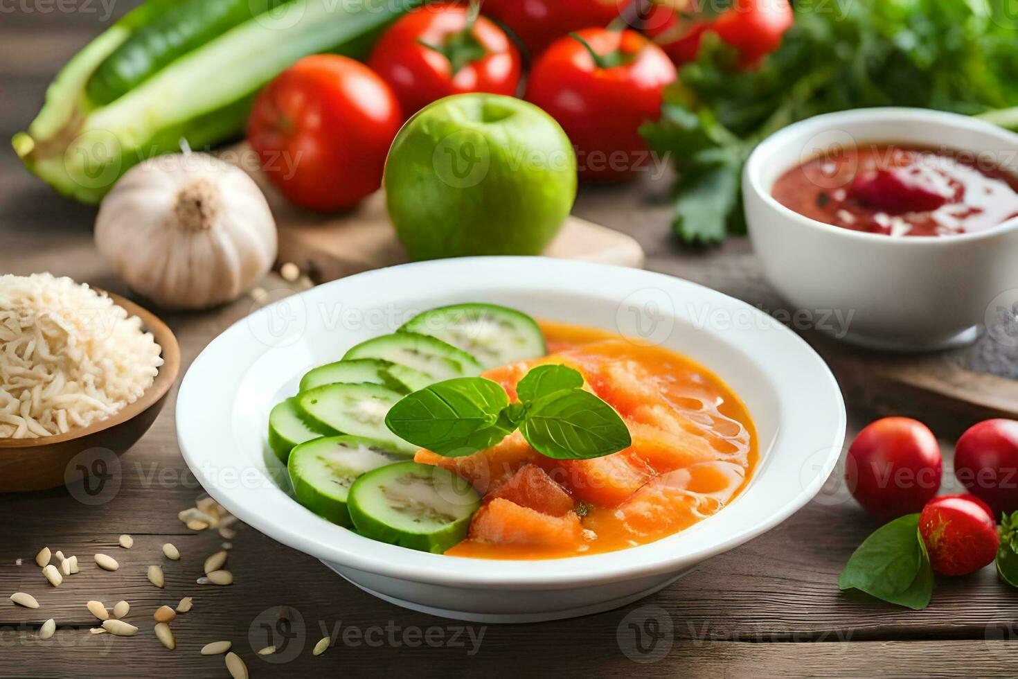 a bowl of soup with cucumbers, tomatoes and rice. AI-Generated photo