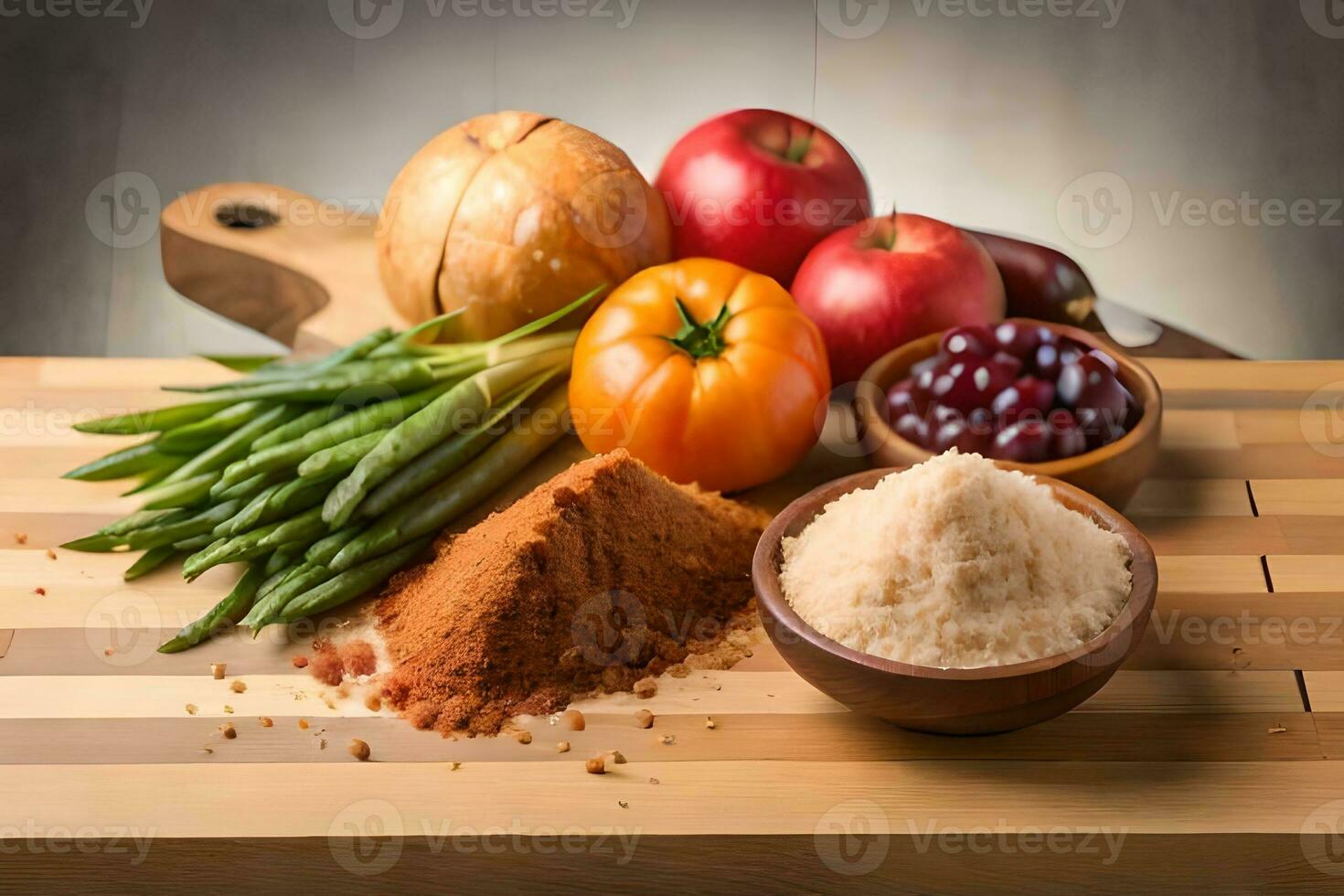 a wooden cutting board with various vegetables and spices. AI-Generated photo
