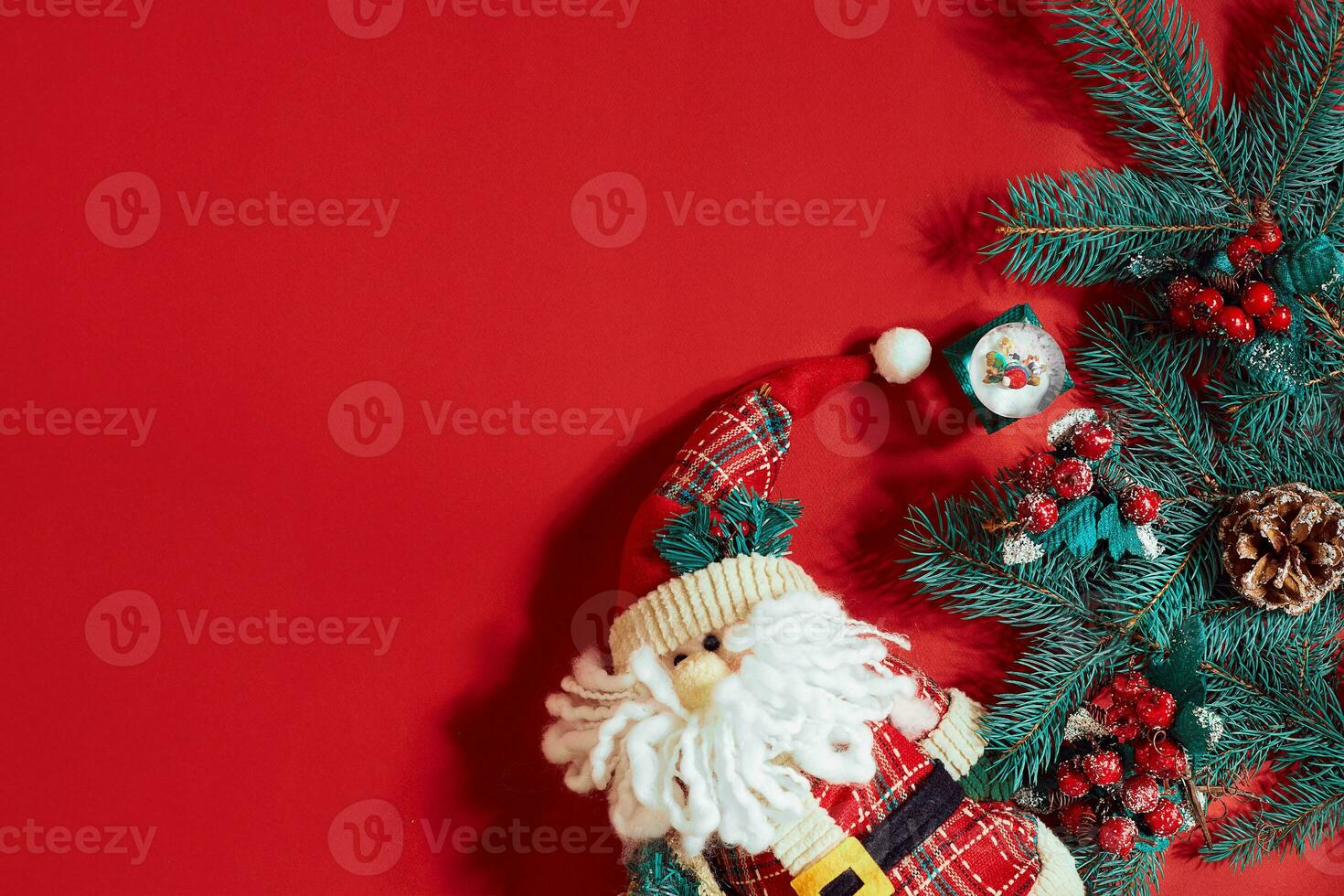 Christmas decorations on hot red background. Christmas and New Year theme. Place for your text, wishes, logo. Mock up. photo