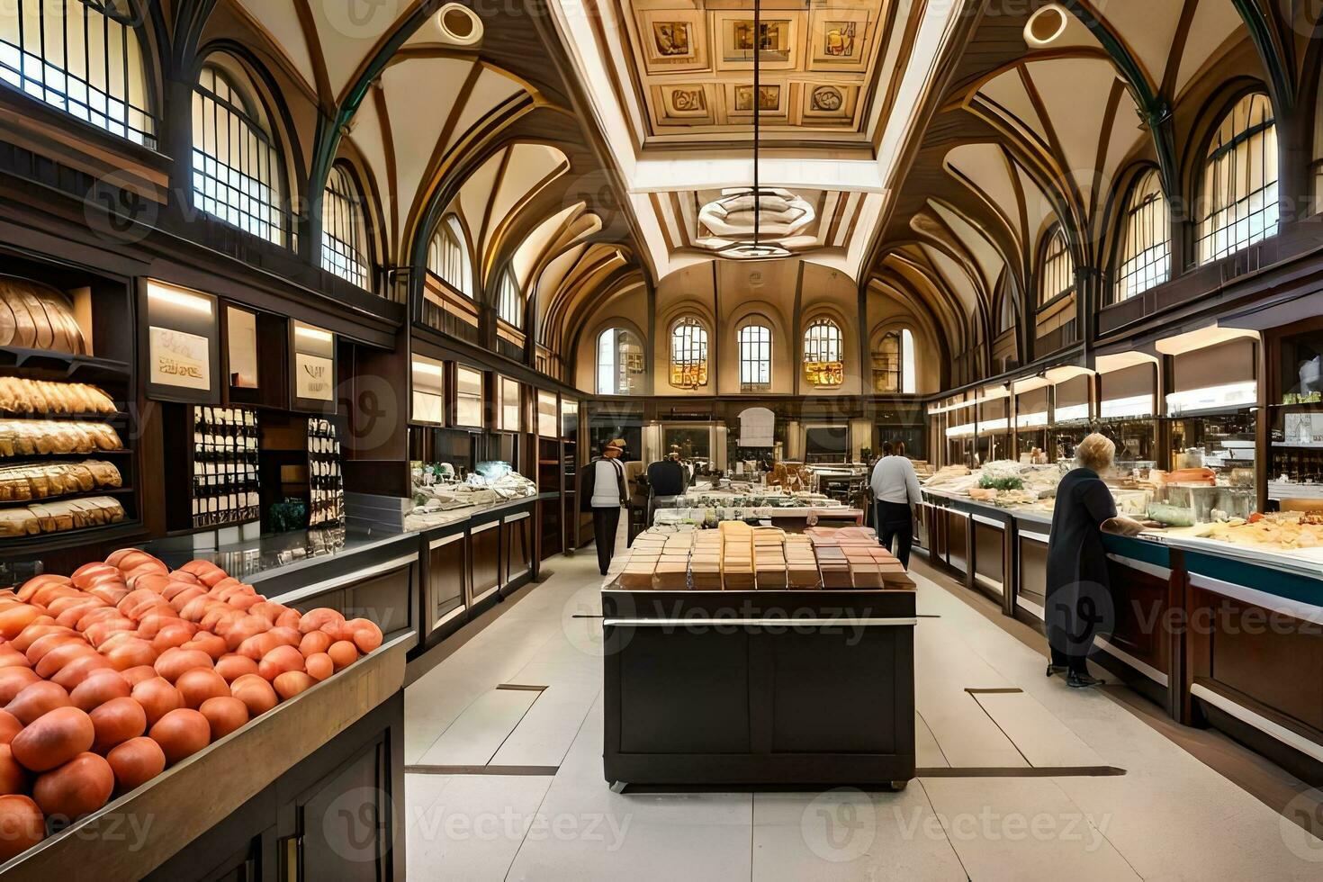 a large store with lots of food and people. AI-Generated photo