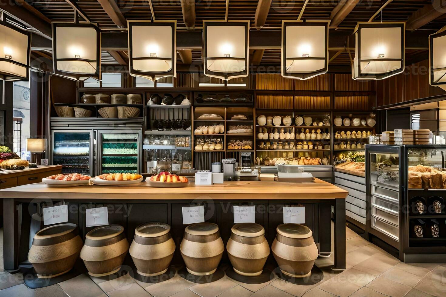 a bakery with a counter and a lot of food. AI-Generated photo
