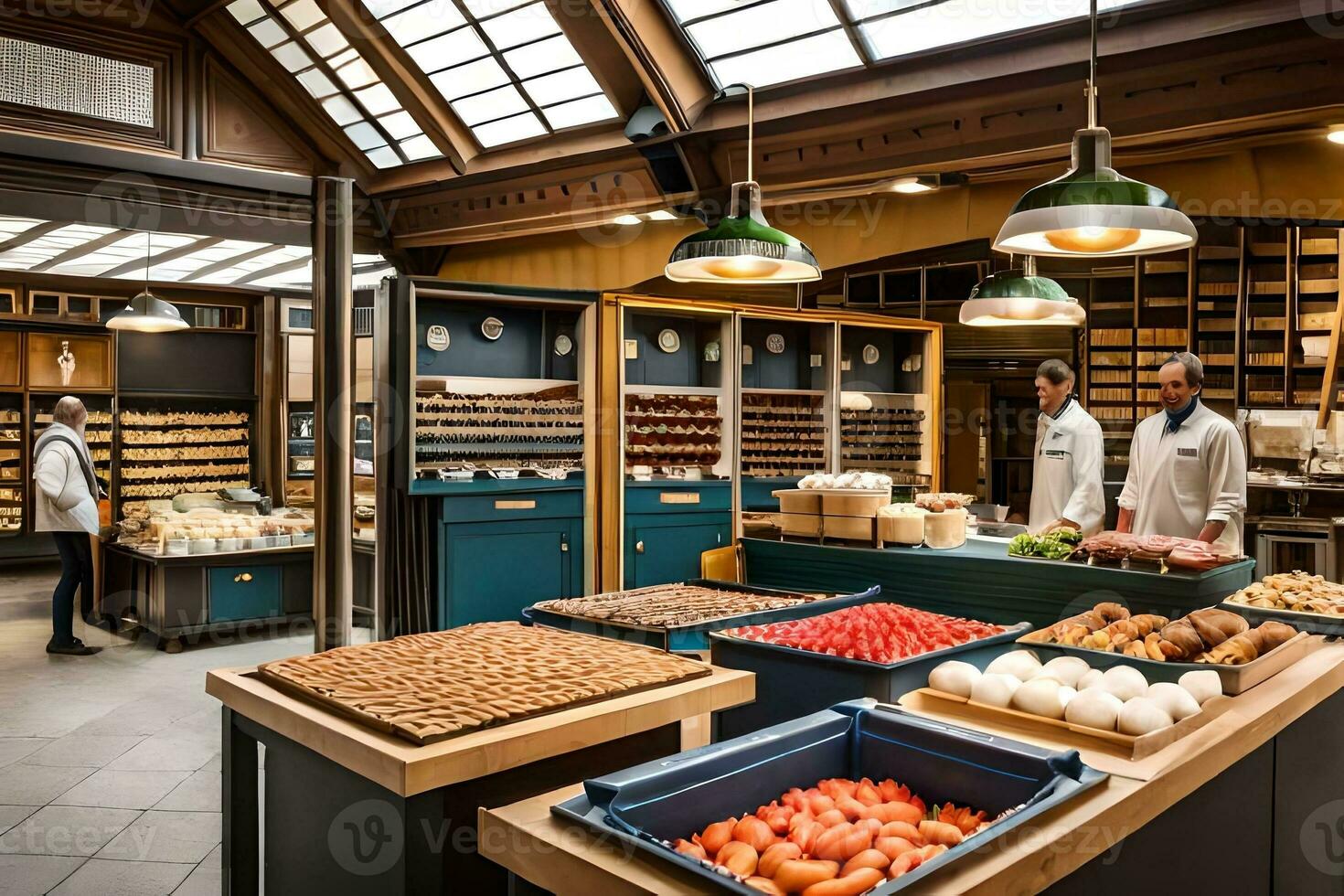 un panadería con personas trabajando en él. generado por ai foto