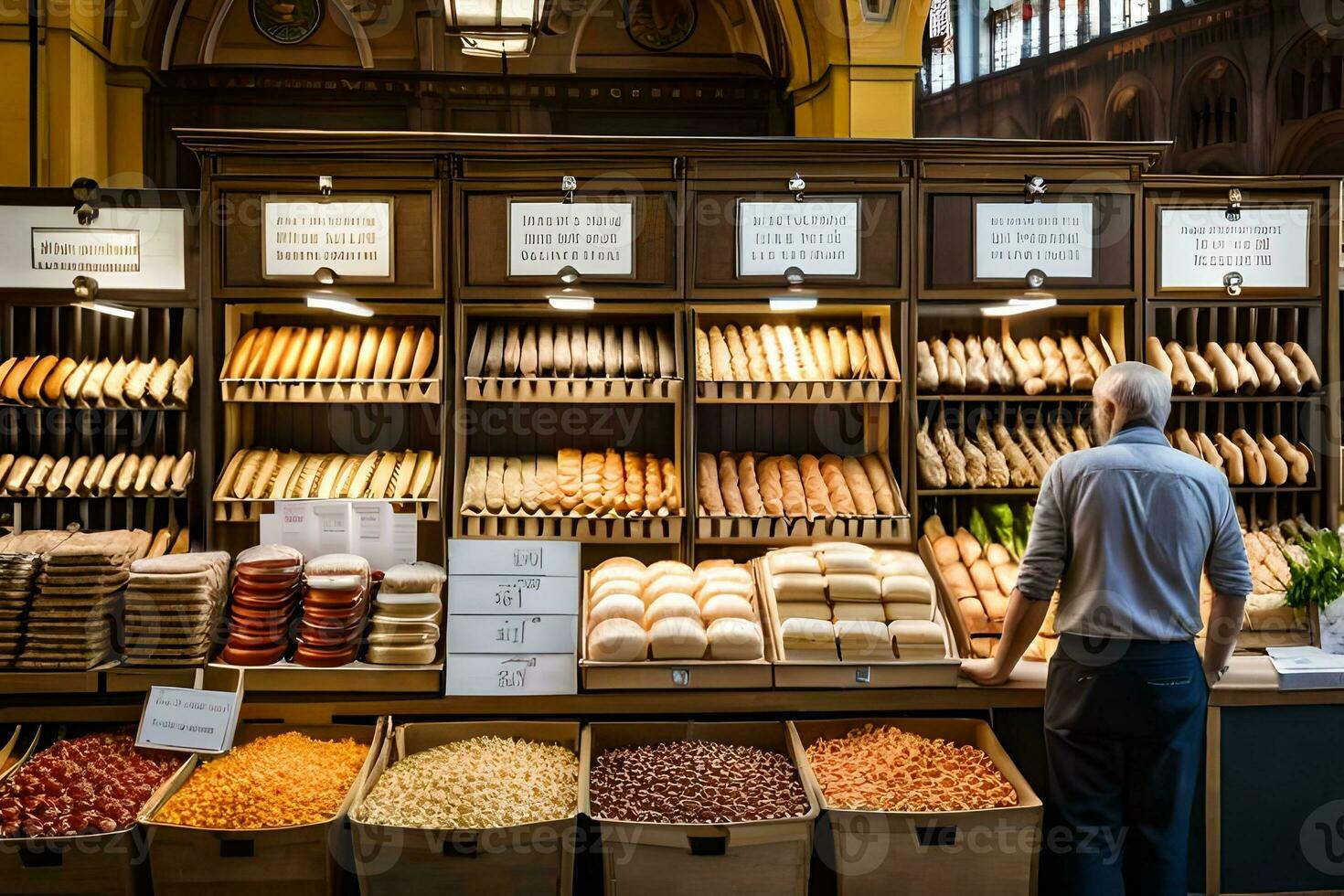 a man standing in front of a display of bread. AI-Generated photo