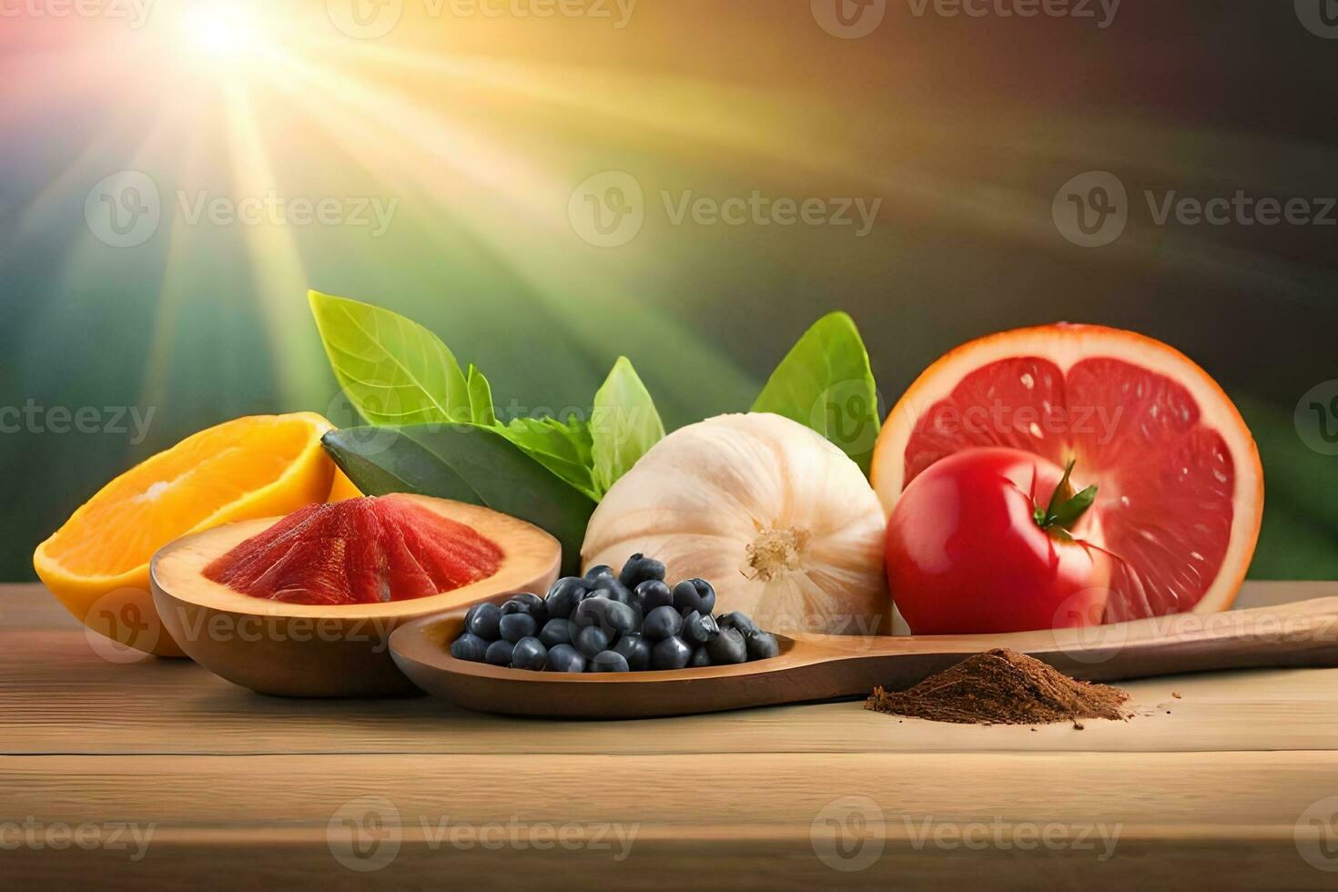 fresh fruits and vegetables on wooden table with sun shining. AI-Generated photo