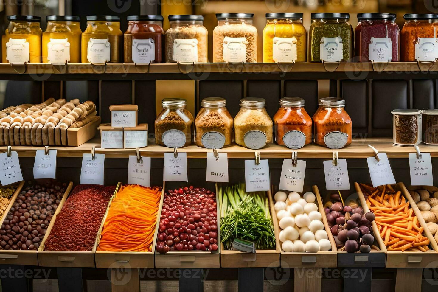 a display of vegetables and other foods in a store. AI-Generated photo