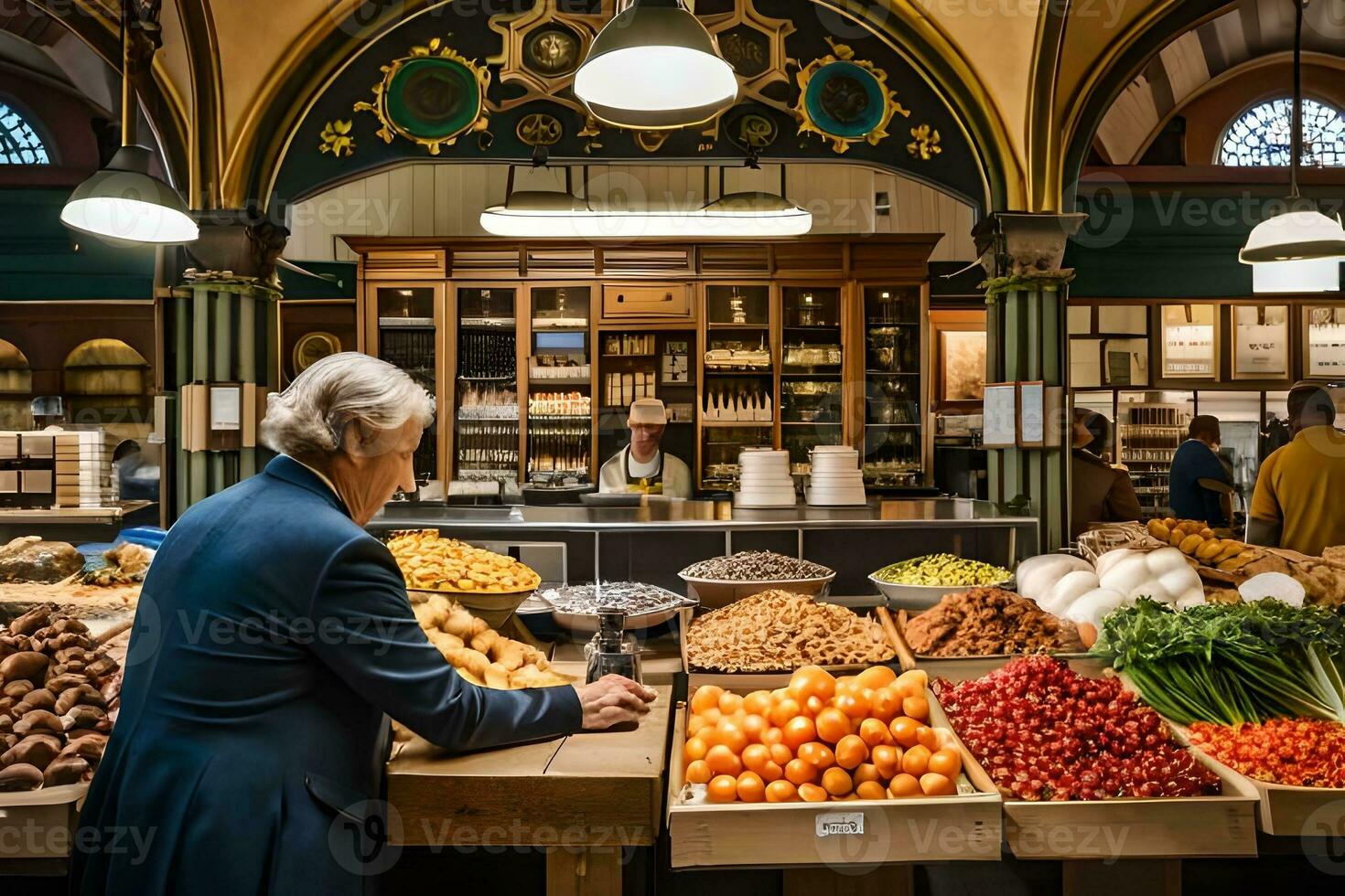 a man in a suit is looking at a display of fruits and vegetables. AI-Generated photo