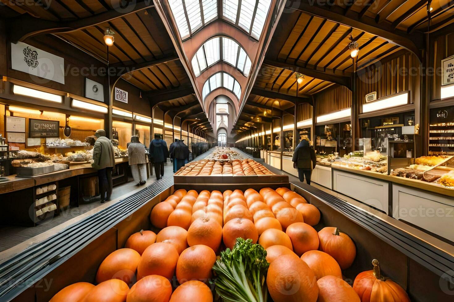 un grande mercado con un montón de calabazas y vegetales. generado por ai foto