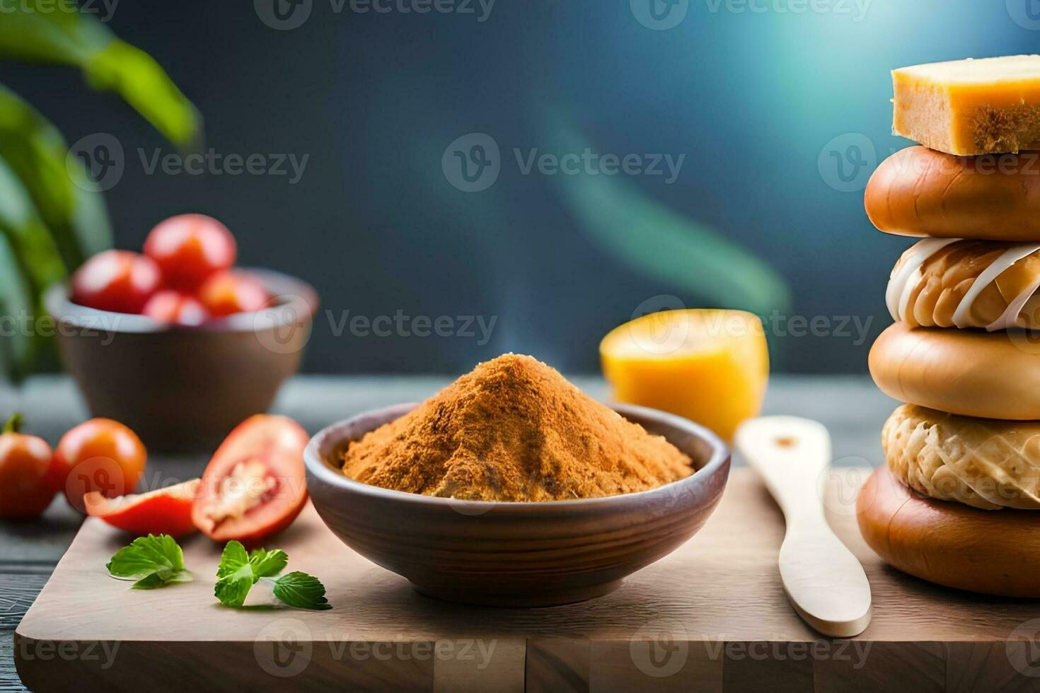 a stack of doughnuts, cheese, and spices on a wooden table. AI-Generated photo