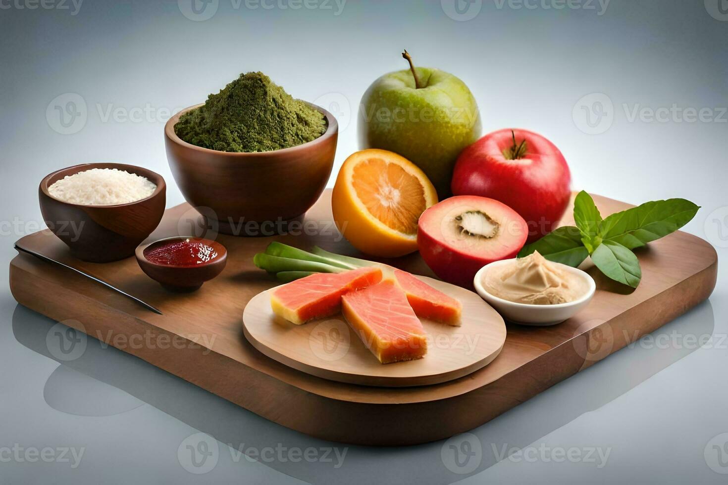 a wooden cutting board with various fruits and vegetables. AI-Generated photo