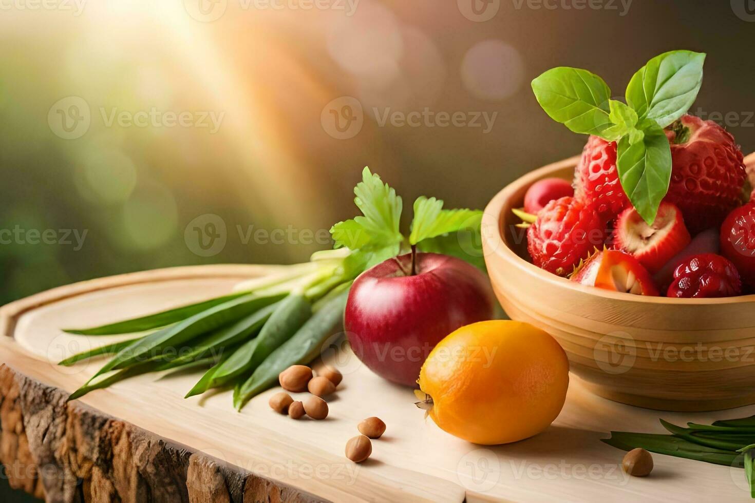 Fresco frutas y vegetales en un de madera bol. generado por ai foto