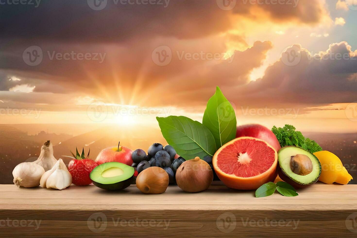 fresh fruits and vegetables on a wooden table with the sun setting. AI-Generated photo