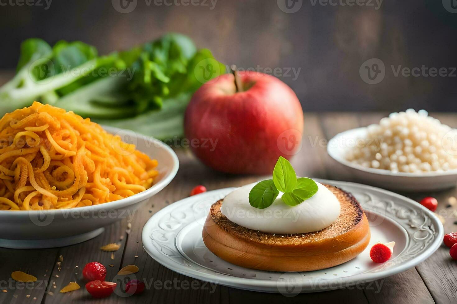 a plate with food on it, including an apple, carrots, and a bowl of rice. AI-Generated photo