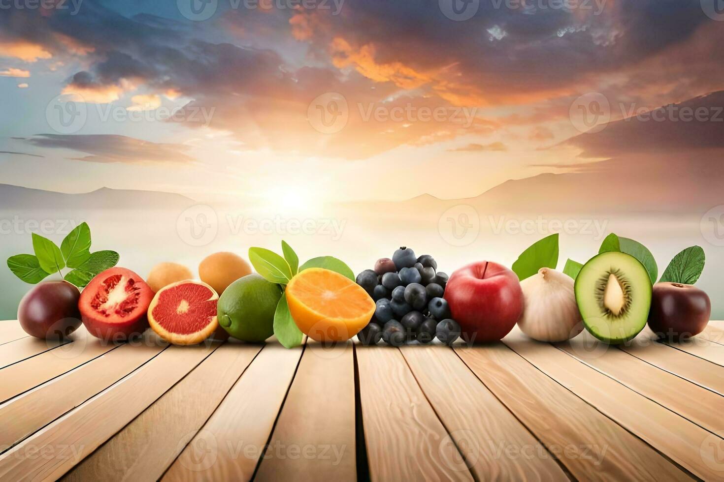 fresh fruits on wooden table with sunset in background. AI-Generated photo