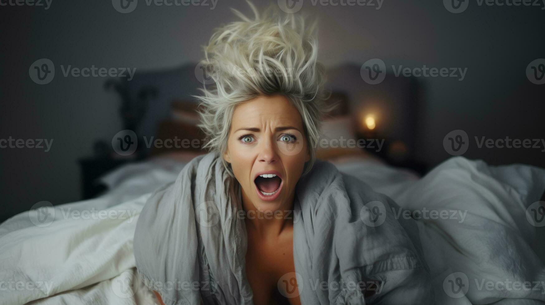 Young woman yelling in bed after waking up in the morning. photo