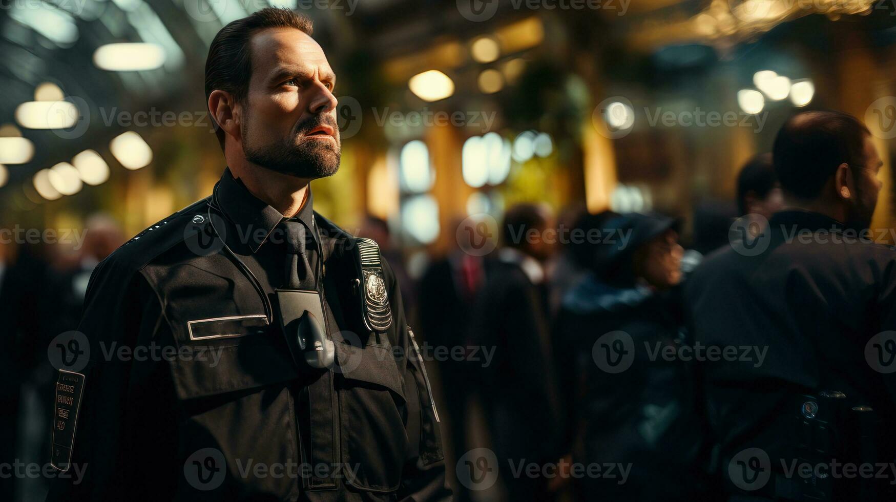 retrato de un masculino seguridad Guardia en pie en un ocupado ciudad calle. foto