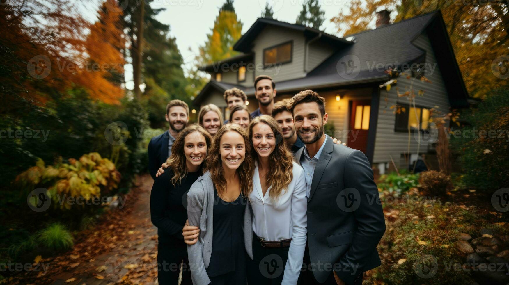 grupo de amigos en pie en frente de alquilar casa para fiesta en el otoño bosque. foto