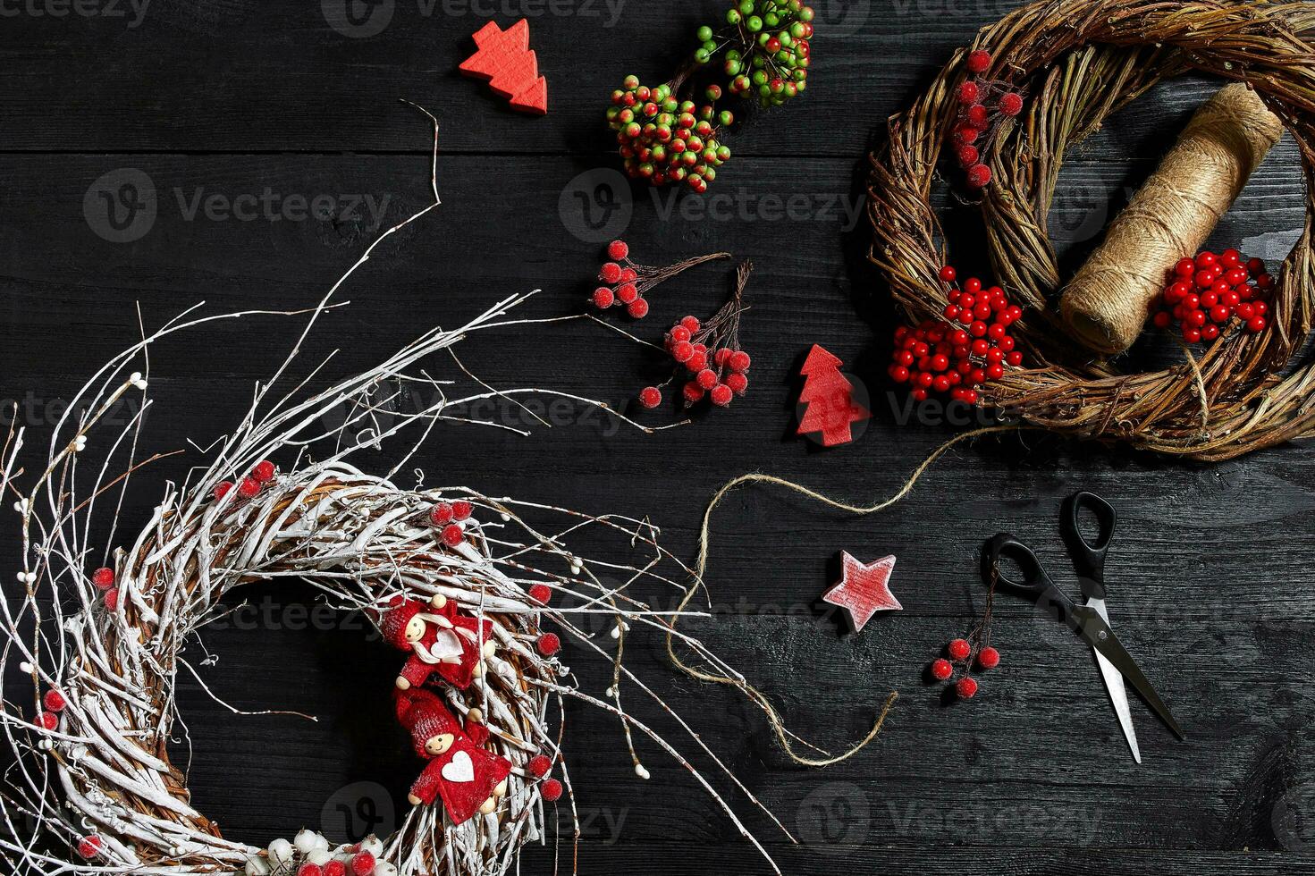 Make a Christmas wreath with your own hands. Workplace for preparing handmade decorations. photo