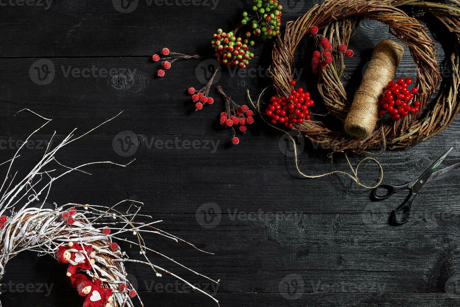 Make a Christmas wreath with your own hands. Workplace for preparing handmade decorations. photo