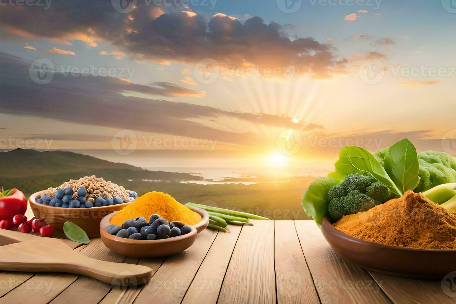foods and spices on wooden table with sunset in background. AI-Generated photo