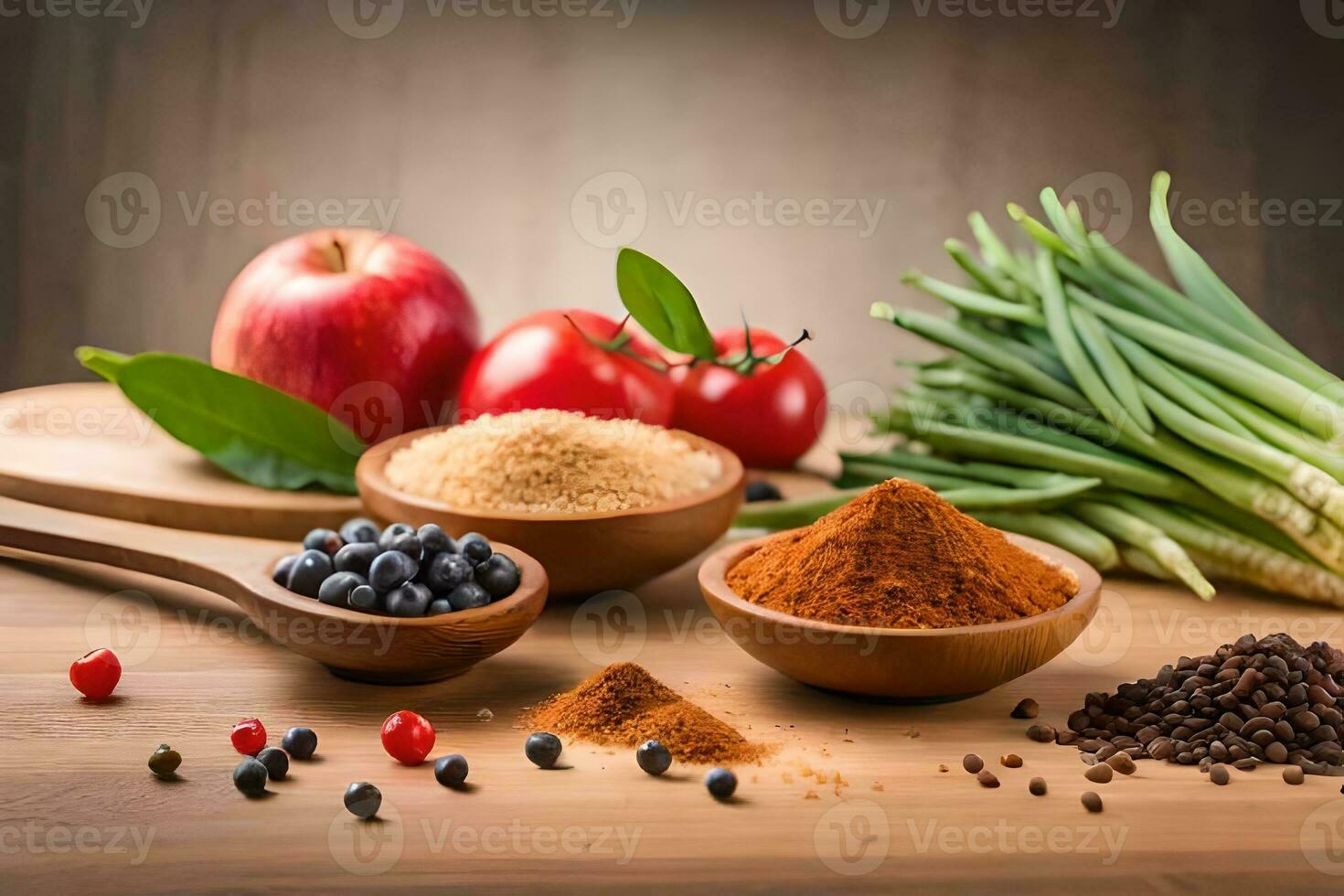 spices and herbs in wooden bowls on a table. AI-Generated photo