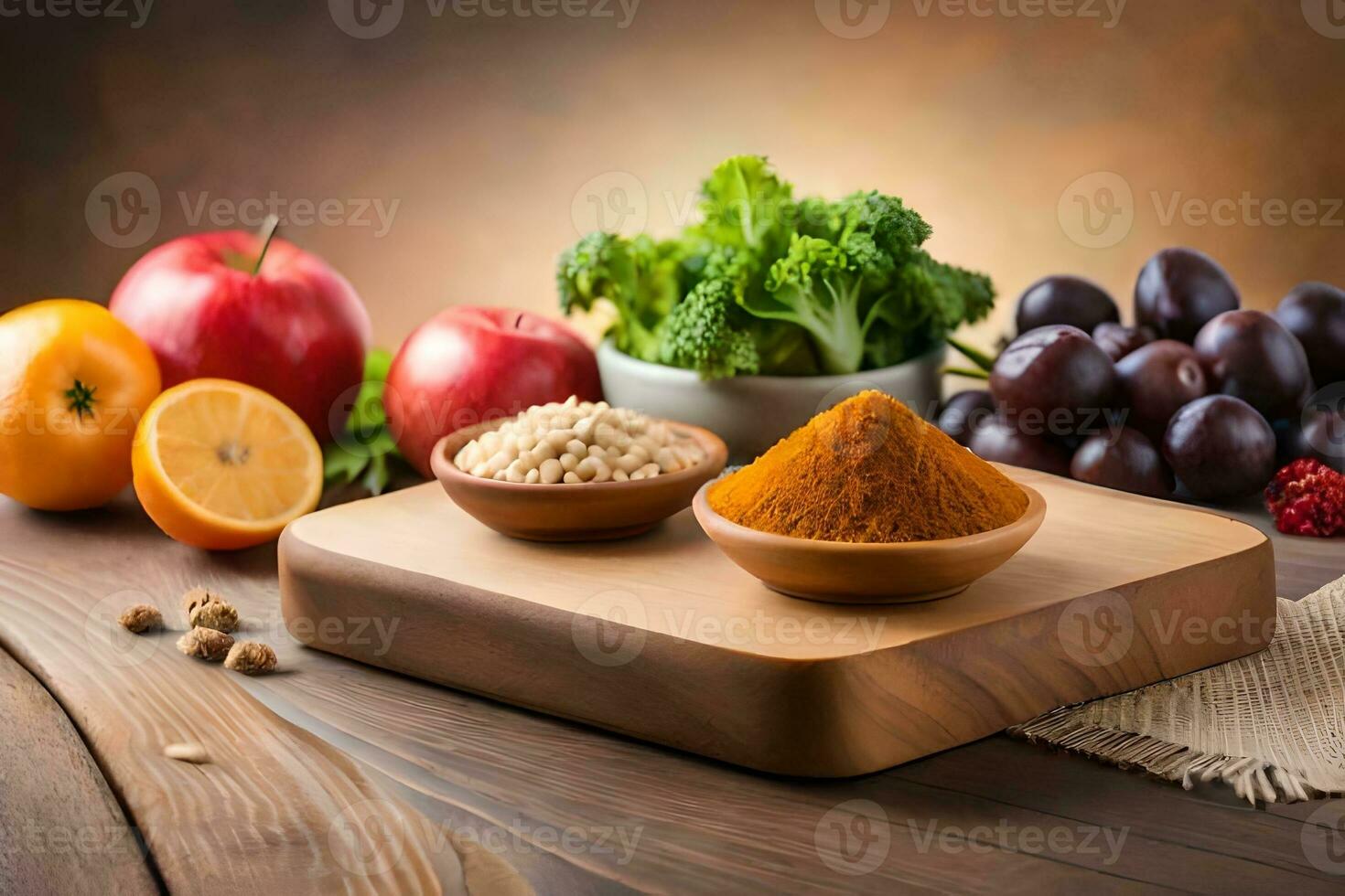 a wooden cutting board with various fruits and vegetables. AI-Generated photo