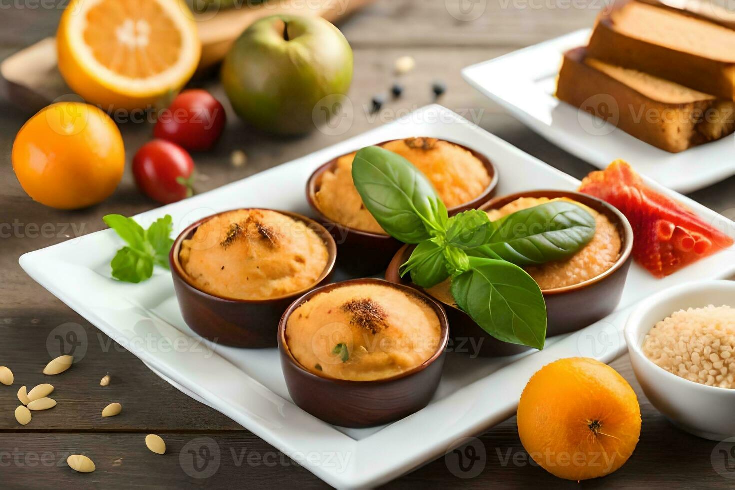 a plate with four muffins, bread and other food. AI-Generated photo