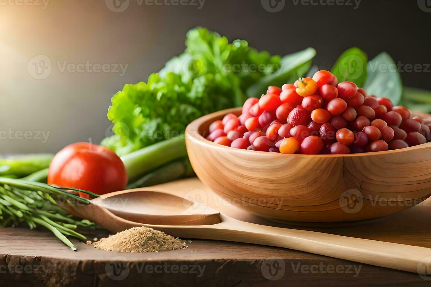 a bowl of red berries and other vegetables on a wooden table. AI-Generated photo