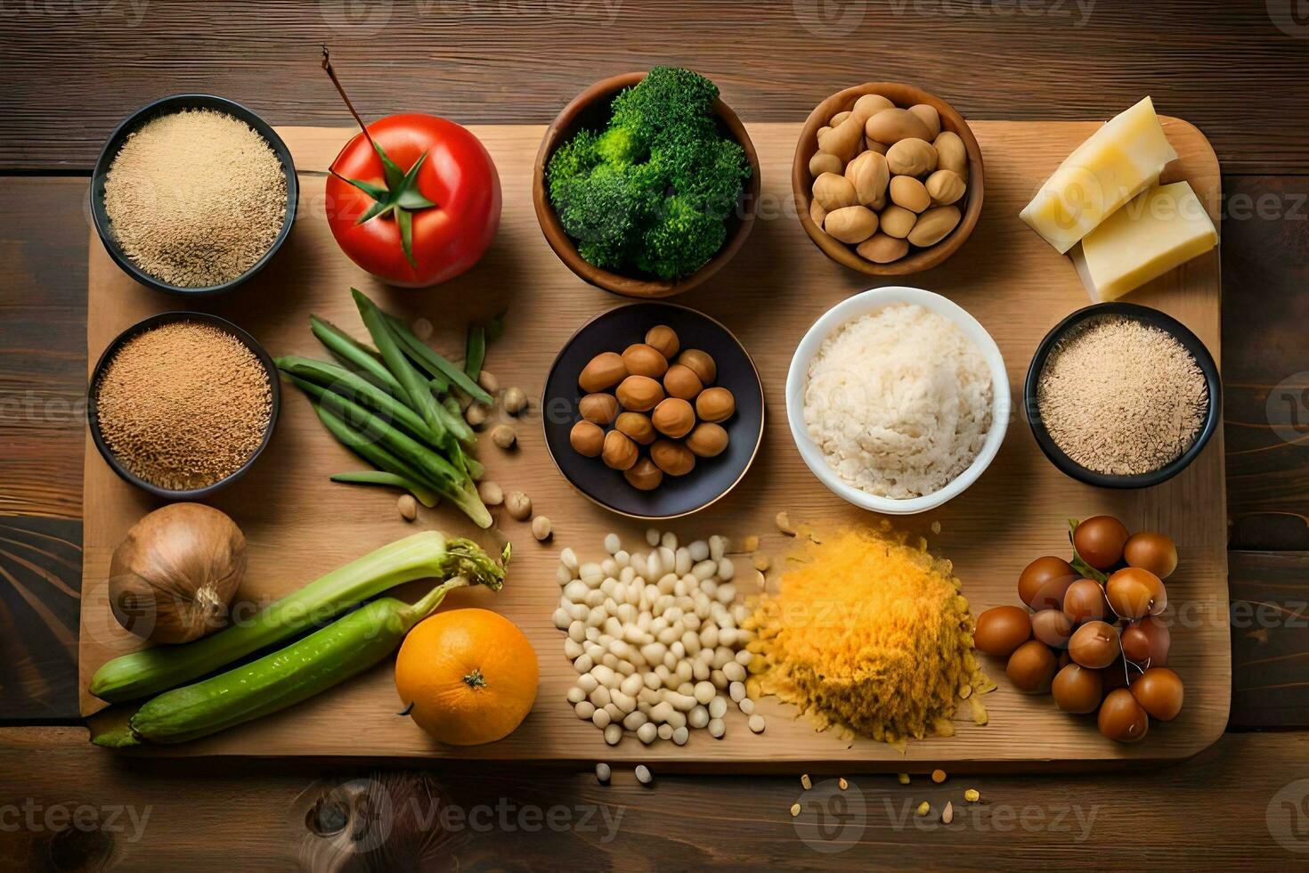 the foods that are in the bowls on the cutting board. AI-Generated photo