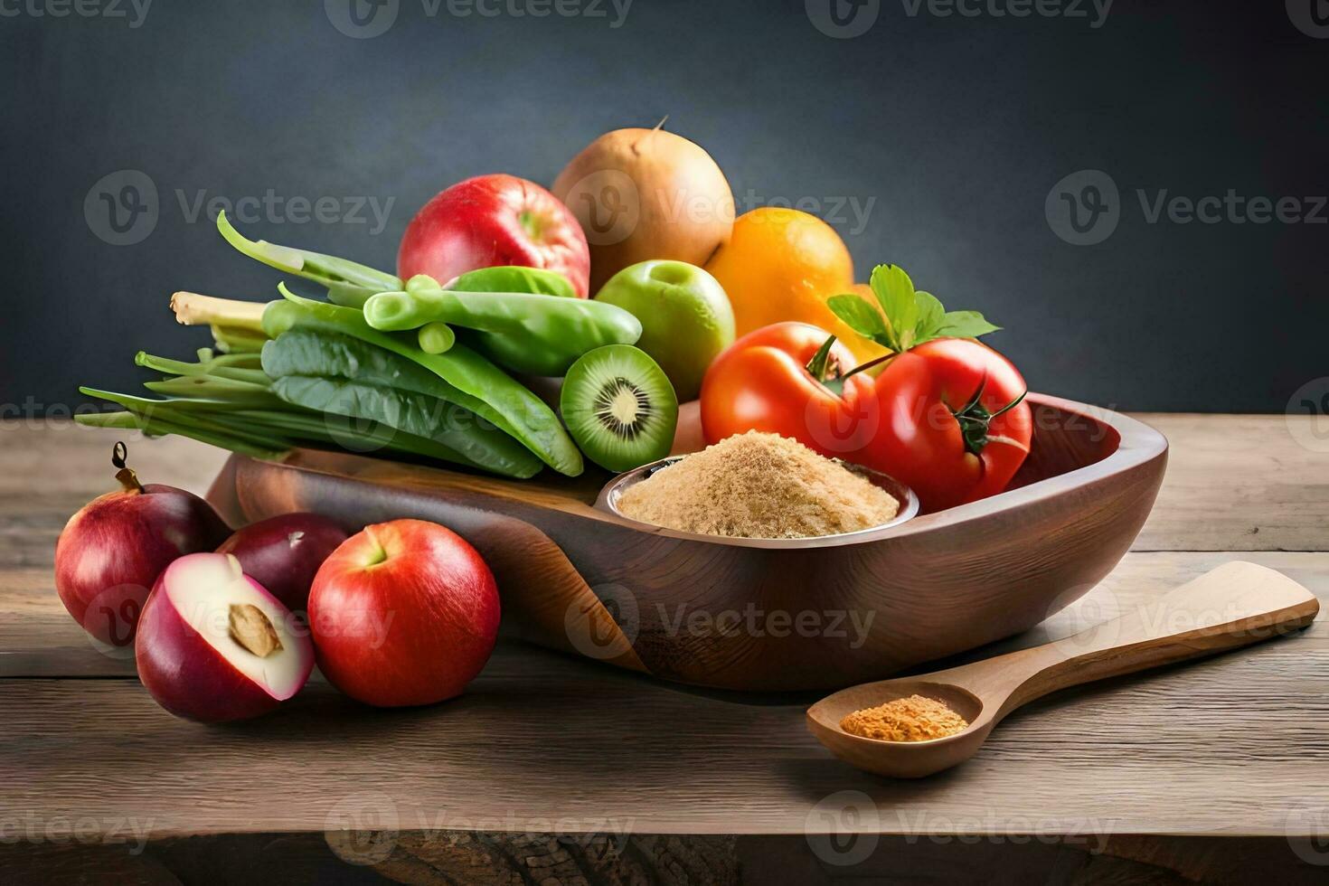 a wooden bowl filled with fruits and vegetables. AI-Generated photo