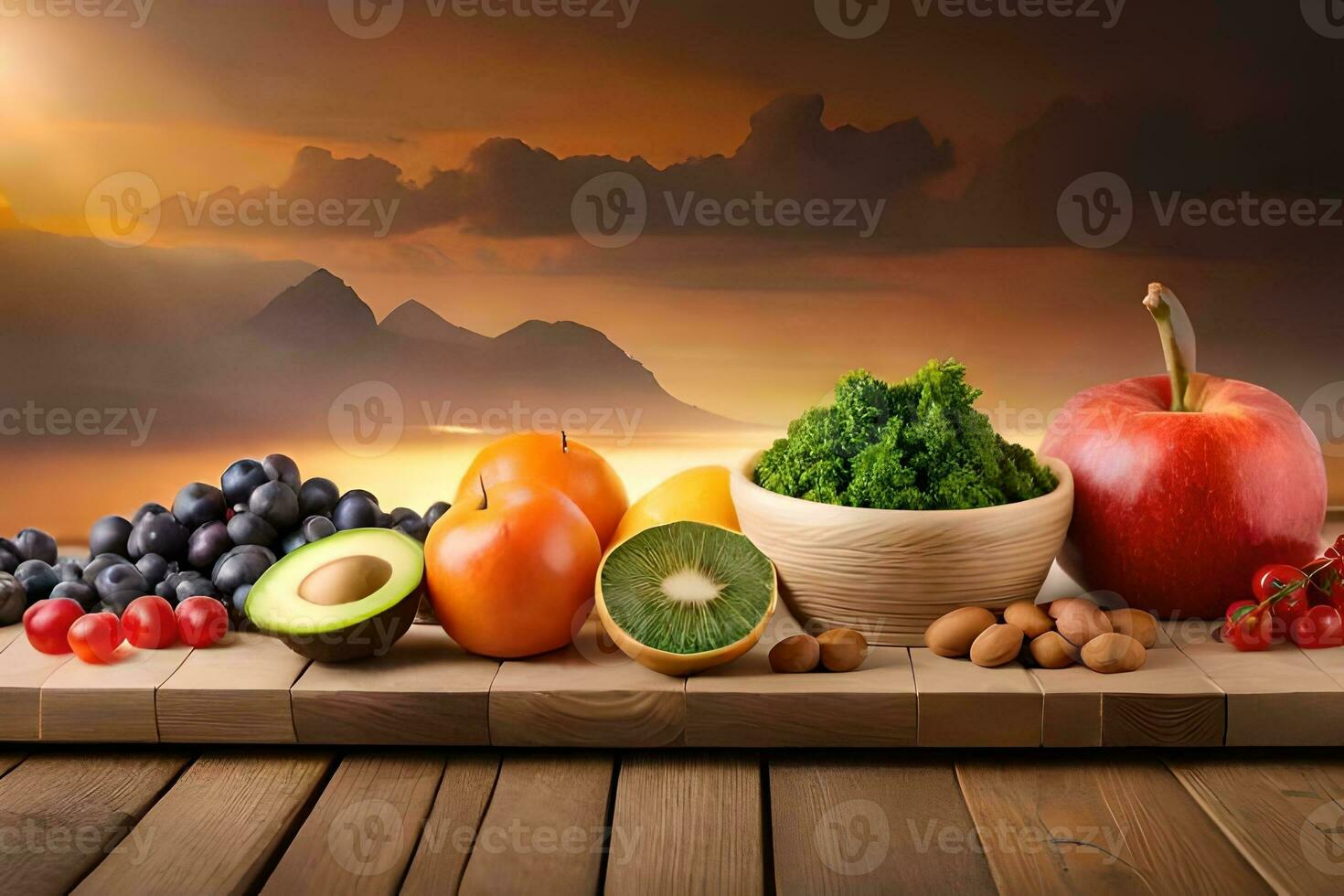 fruits and vegetables on a table with a sunset in the background. AI-Generated photo