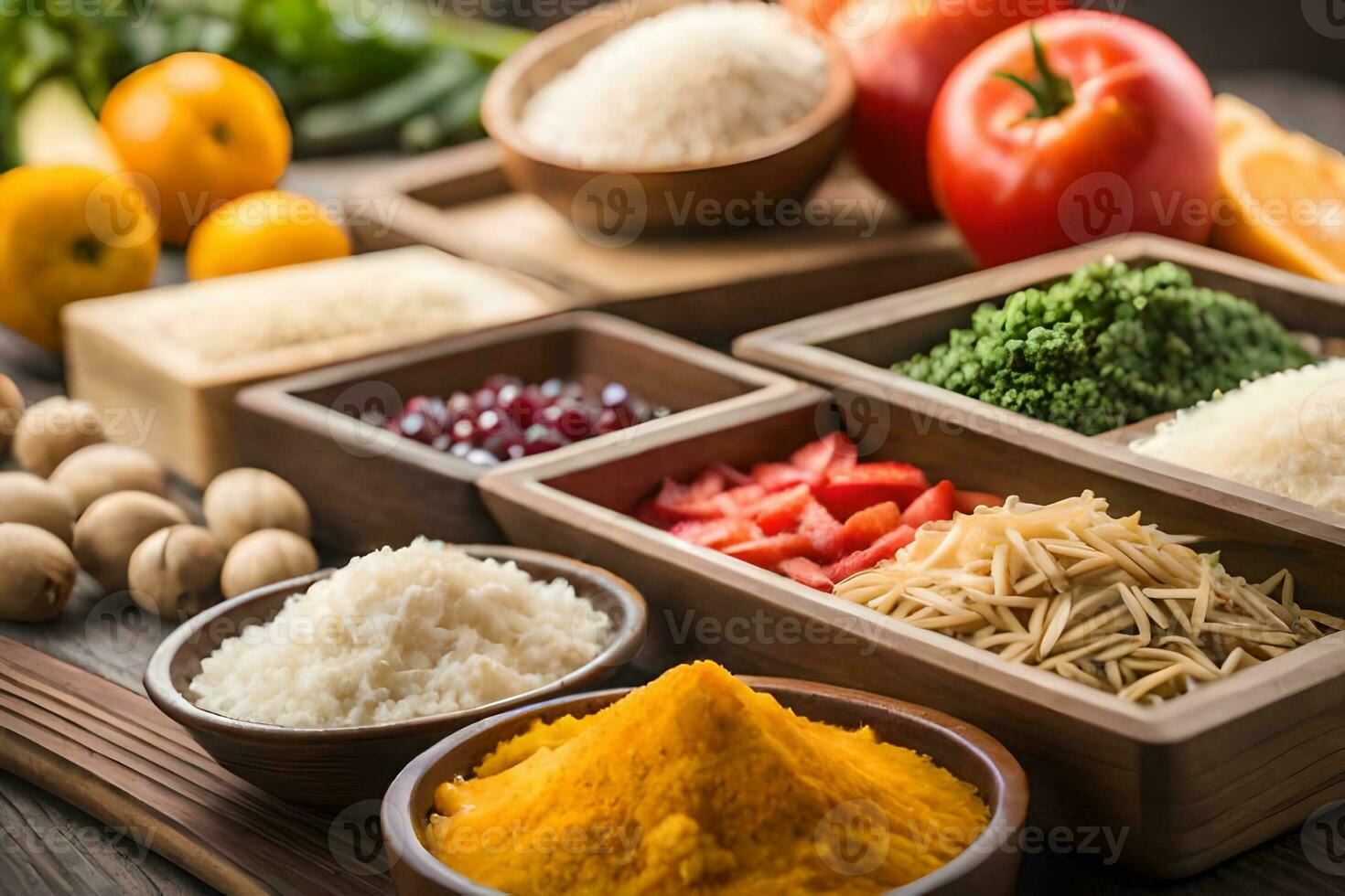 various types of rice, vegetables and other ingredients. AI-Generated photo