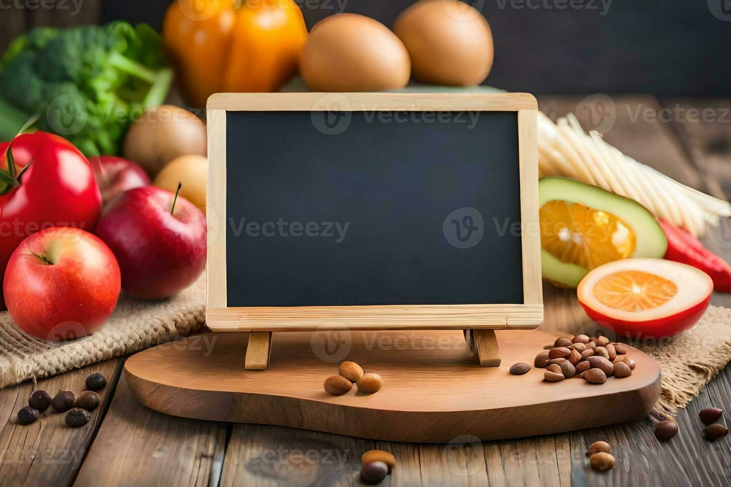 un pizarra con un blanco espacio rodeado por frutas y vegetales. generado por ai foto