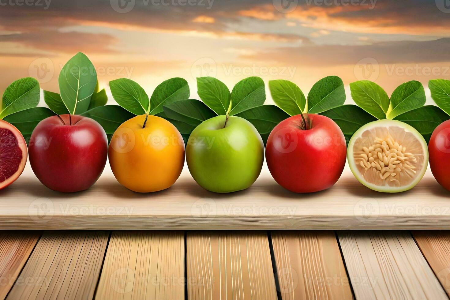 fruit and vegetables in a row on a wooden table. AI-Generated photo