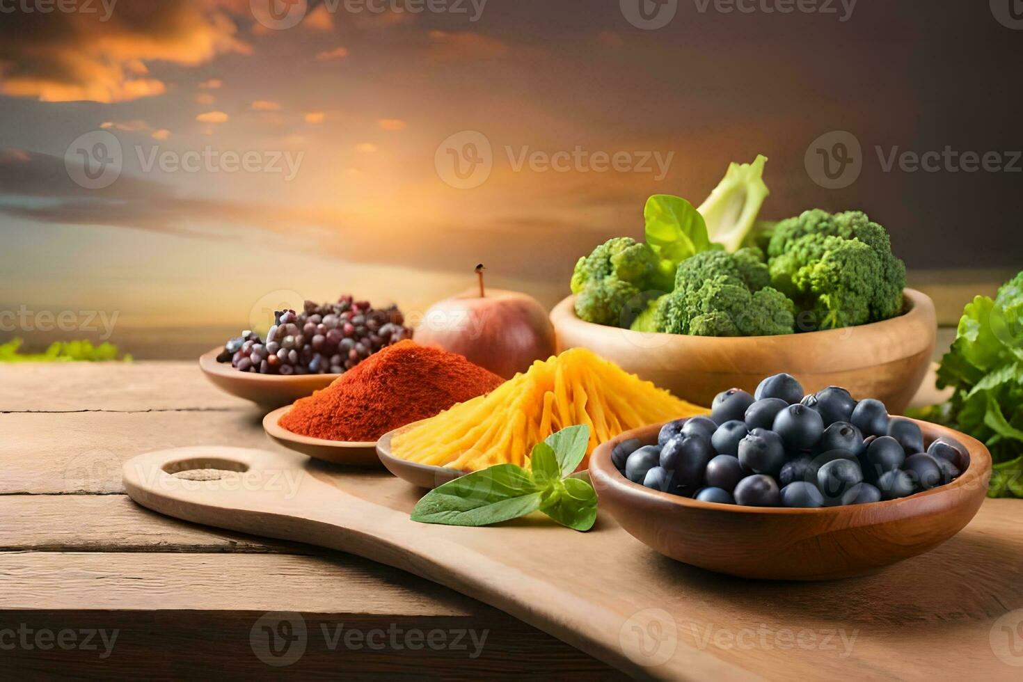 various fruits and vegetables on wooden table with sunset background. AI-Generated photo