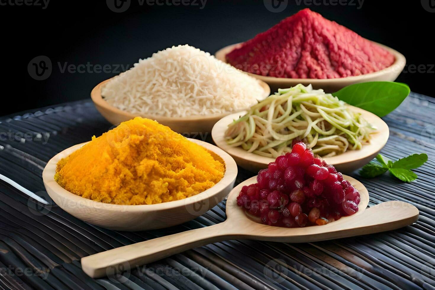 various types of spices and herbs in wooden bowls. AI-Generated photo