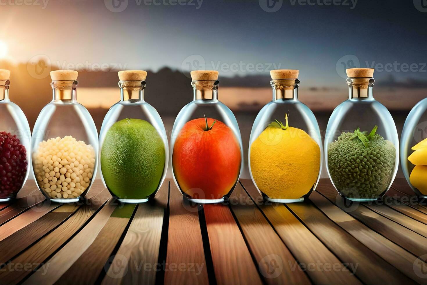 a row of bottles with different fruits and vegetables. AI-Generated photo
