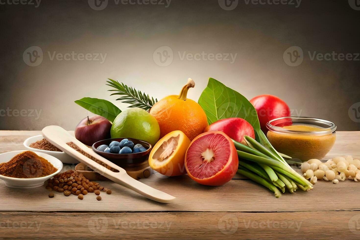 various fruits and vegetables on a wooden table. AI-Generated photo