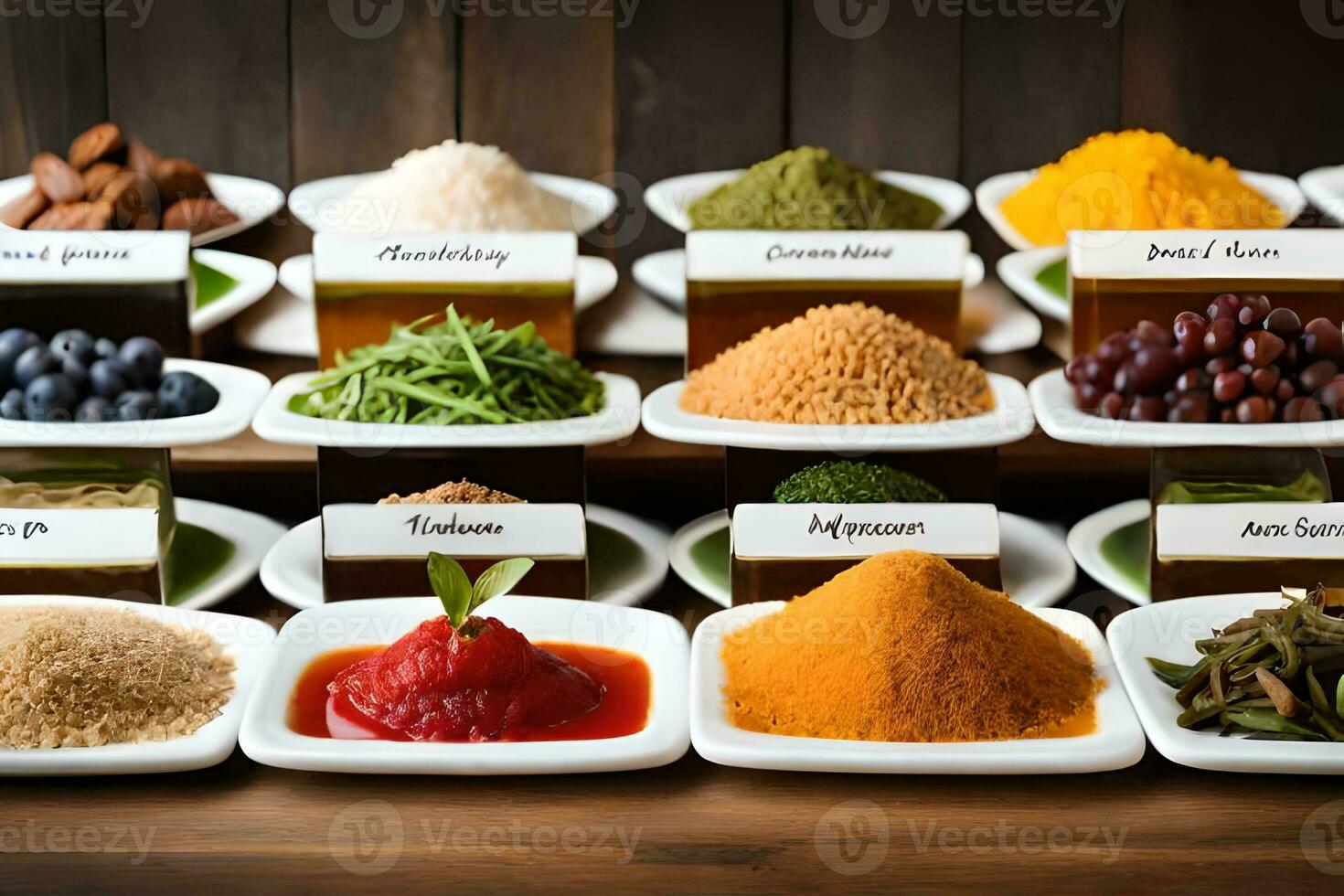 various types of spices and herbs in bowls. AI-Generated photo