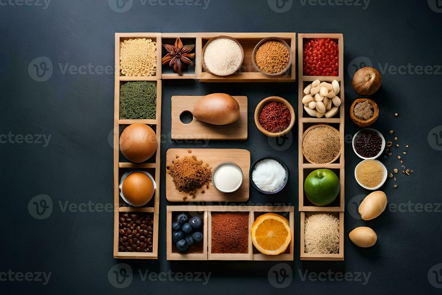various spices and ingredients arranged in wooden boxes on a dark background. AI-Generated photo