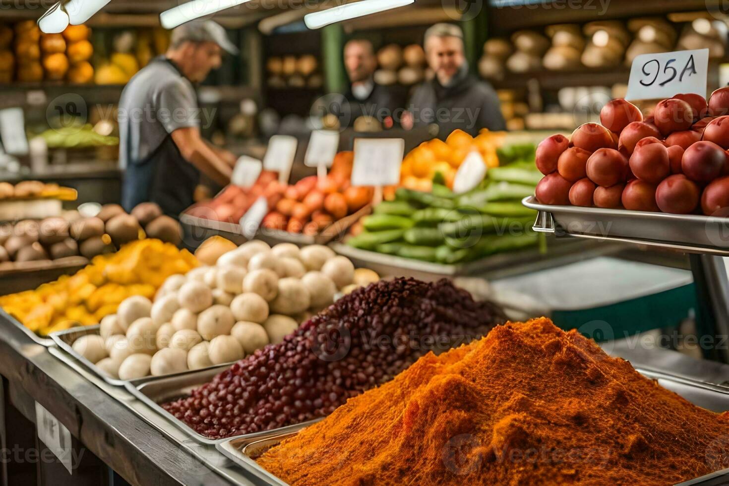 a man is standing in front of a large display of spices. AI-Generated photo