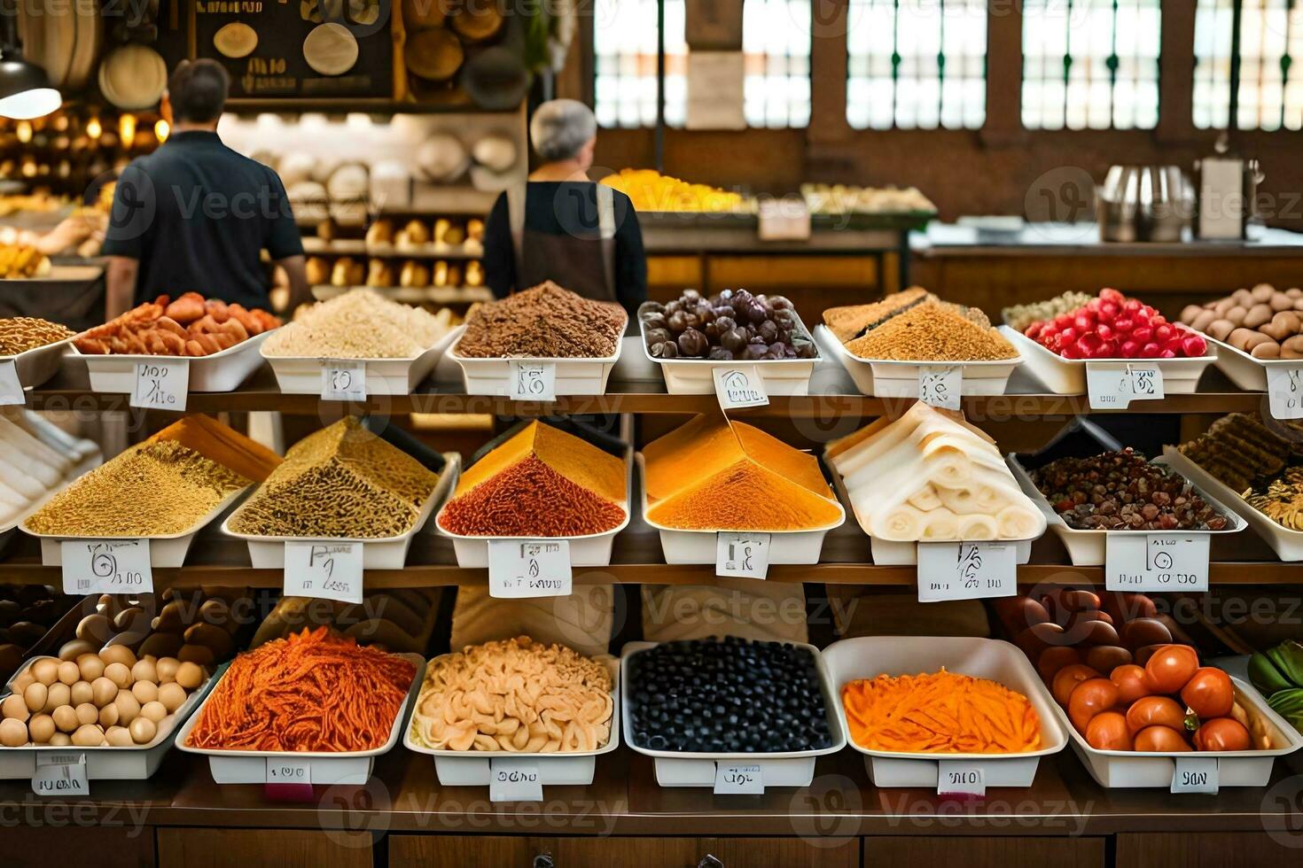 a variety of spices and other ingredients are displayed in a store. AI-Generated photo