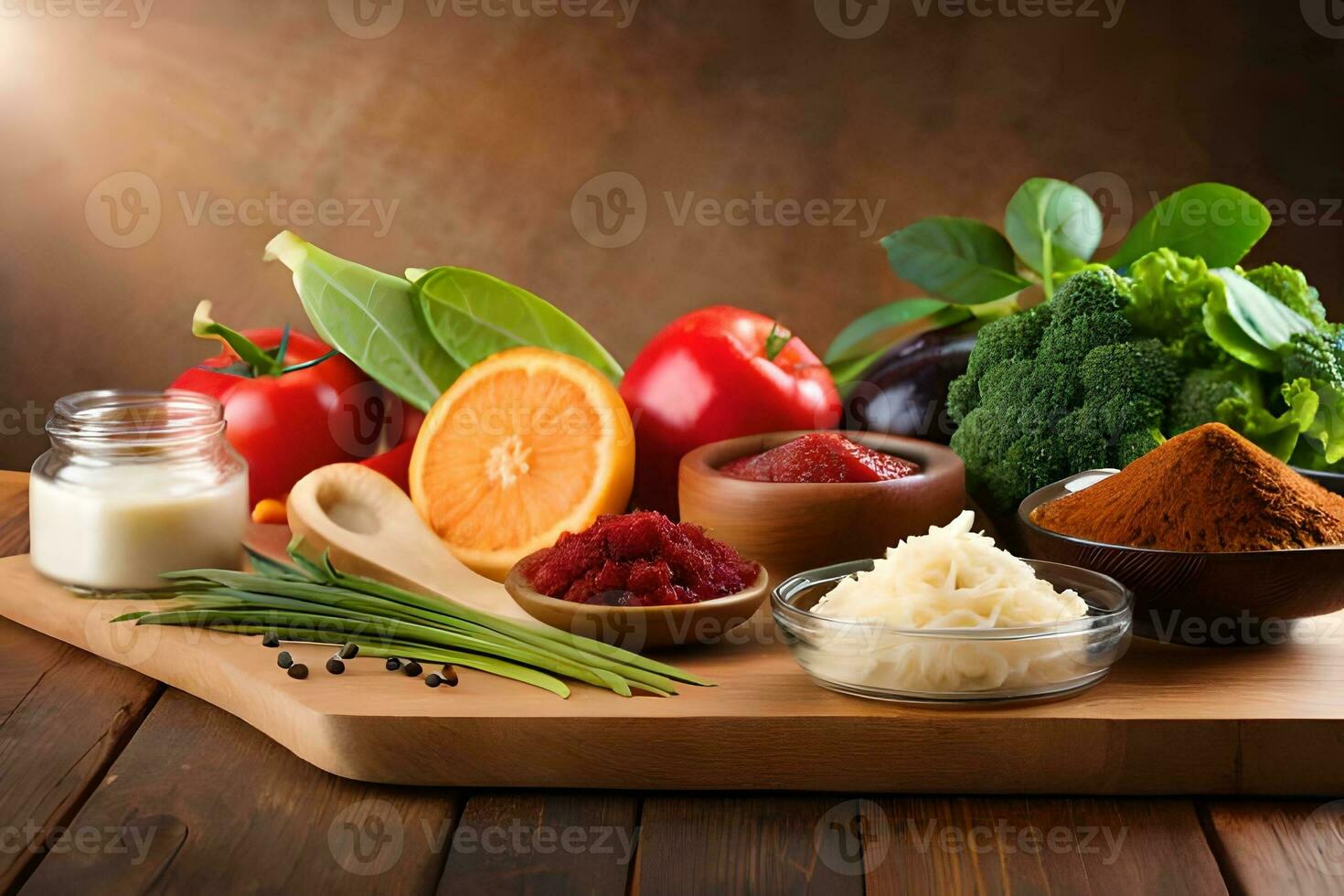 various vegetables and fruits on a cutting board. AI-Generated photo