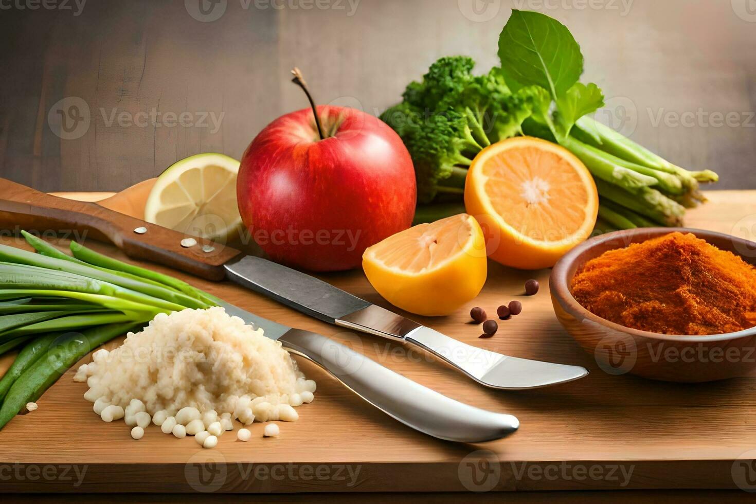 a cutting board with various fruits and vegetables. AI-Generated photo
