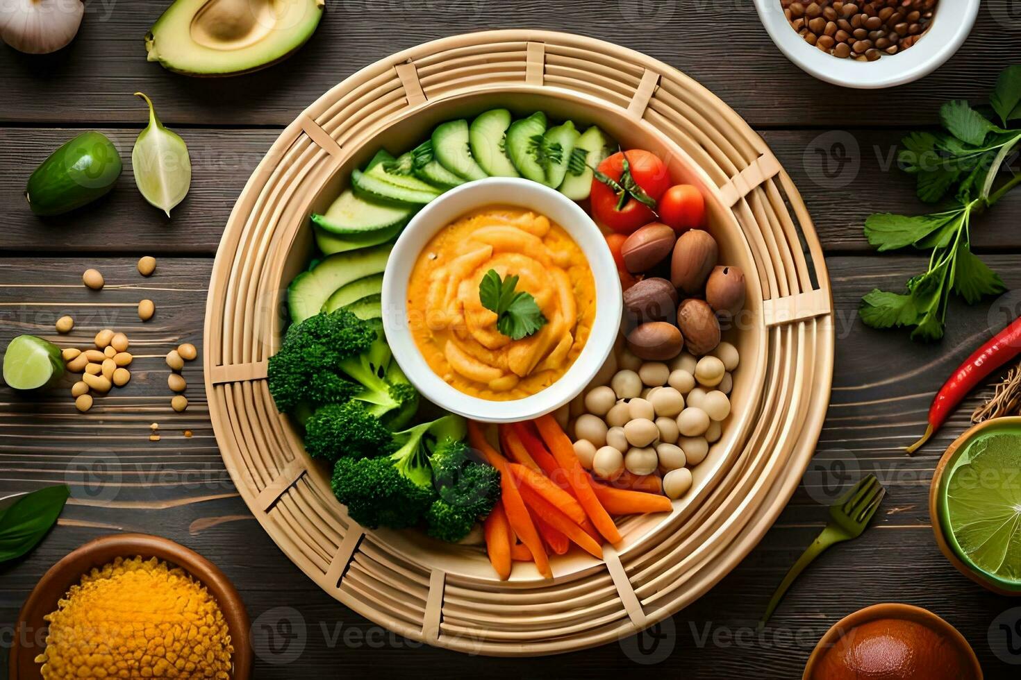 a bowl of vegetables and other ingredients on a wooden table. AI-Generated photo
