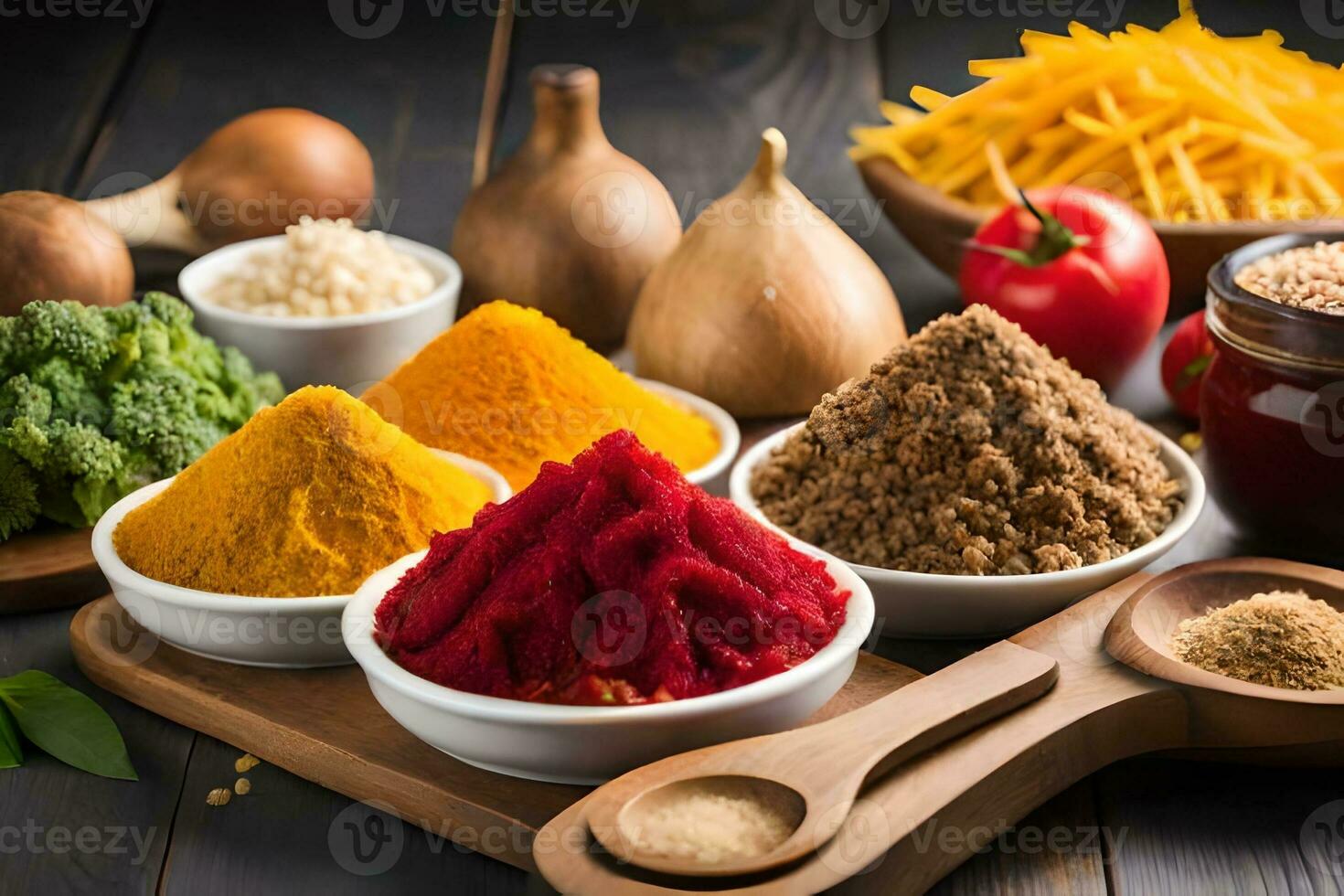 various spices and spices in bowls on a wooden table. AI-Generated photo